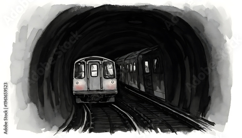 Artistic ink wash illustration of a subway train traveling through a dark tunnel representing urban commute and transit