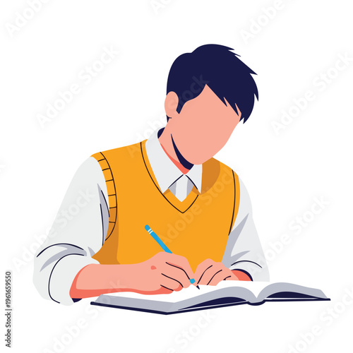 Student writing in notebook. Young man studying. Flat illustration. Education concept.