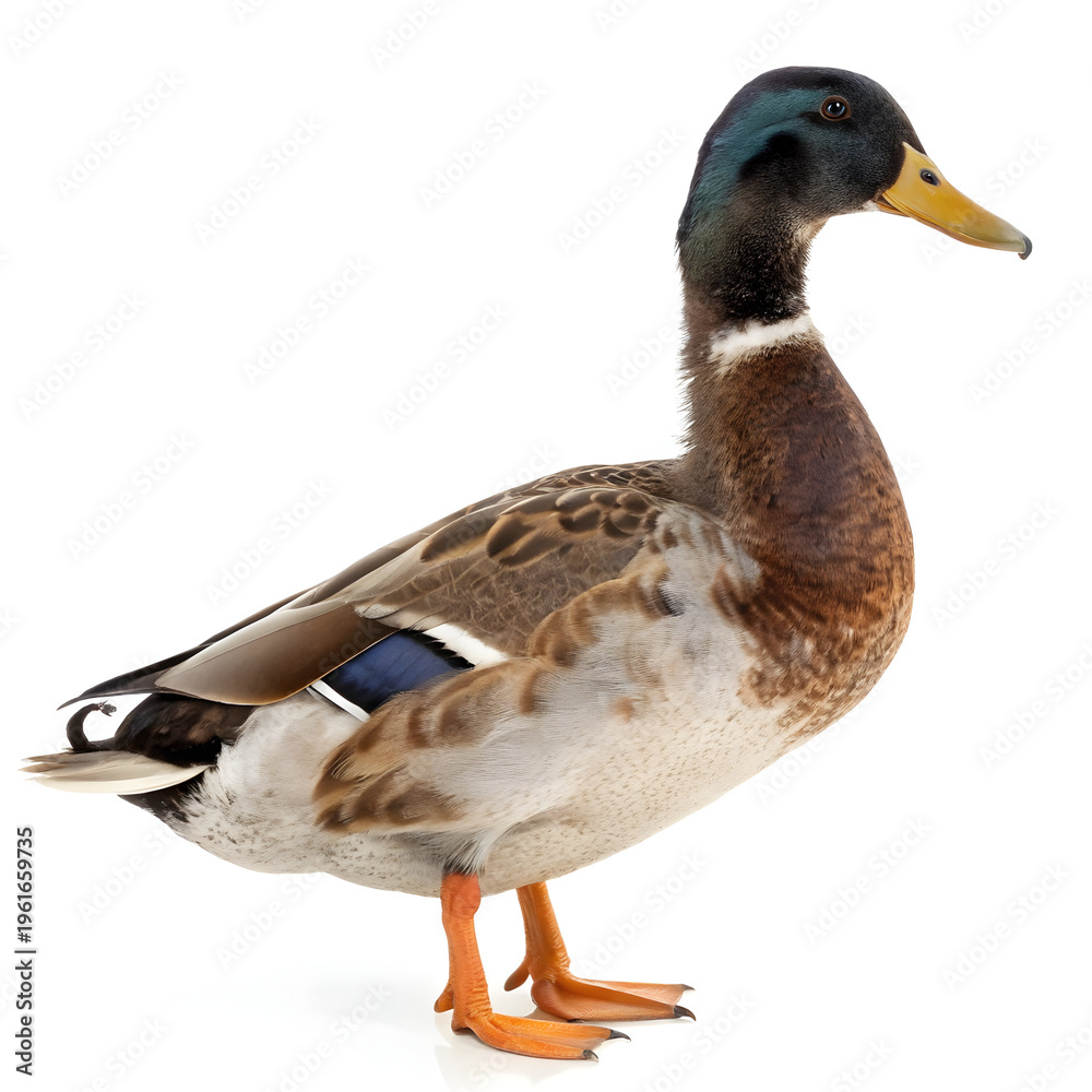 Obraz premium A male mallard duck standing on a plain white background
