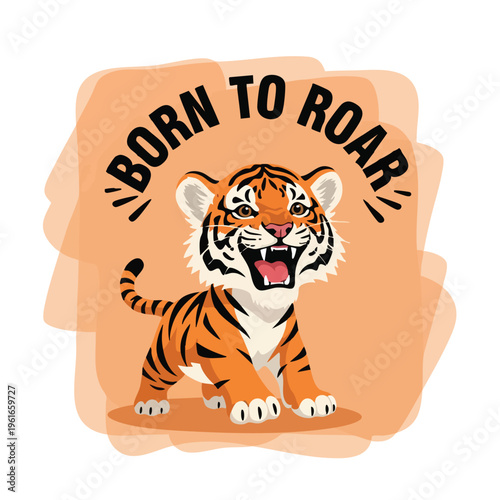 Baby Tiger. Cartoon Cub. Roaring Illustration. Graphic Art. Motivational Design.