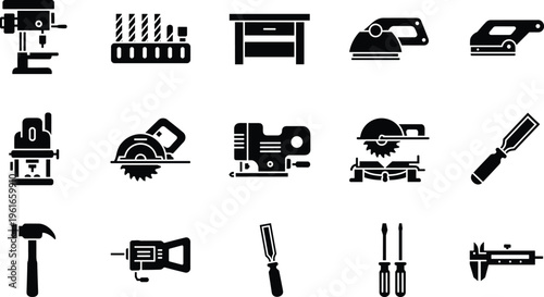 Essential woodworking and construction tools icon set featuring drill press, saws, chisels, hammer, router, caliper, screwdrivers, and workbench for carpentry, DIY, and industrial design projects.