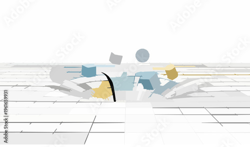 Gravity bending grid surface with floating objects surreal vector