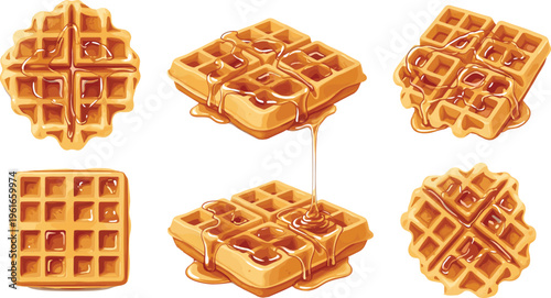 Delicious waffle collection vector illustration with syrup drizzle in different angles and shapes perfect for breakfast menu, food design and dessert concepts