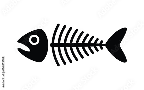 A minimalist black and white graphic icon representing a simple fish skeleton on a white background