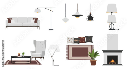 Modern Living Room Furniture and Decor Set, Sofa, Armchair, Lamps, Rug, Fireplace