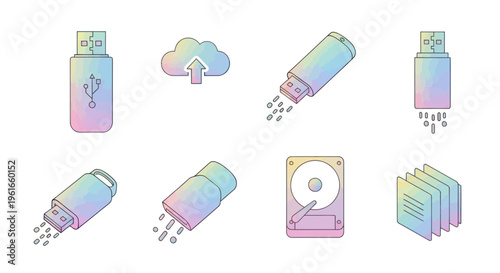 Digital Data Transfer Icons: USB, Cloud Upload, HDD, Files | Pastel Gradient