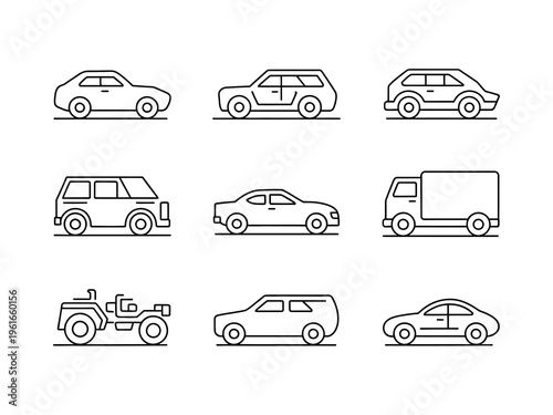 A collection of nine simple black outline icons representing various types of motor vehicles side view