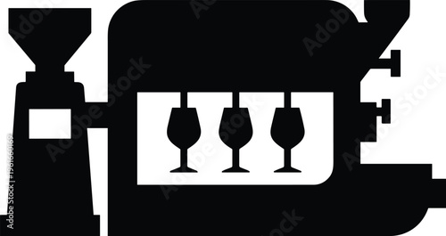 Industrial automated bottling and filling machine silhouette with wine glasses, modern beverage production equipment illustration for manufacturing, packaging, automation, and food industry concepts