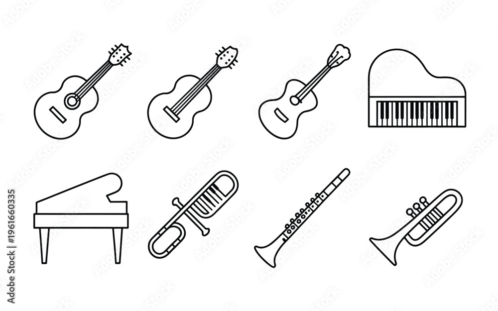 Fototapeta premium A collection of simple black and white line art icons representing various musical instruments set