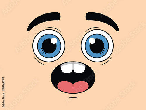 A cartoon illustration of a surprised face with wide blue eyes and an open mouth with large teeth