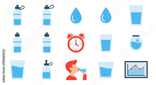 Hydration icons: Water bottles, glasses, drops, alarm clock, person drinking, chart