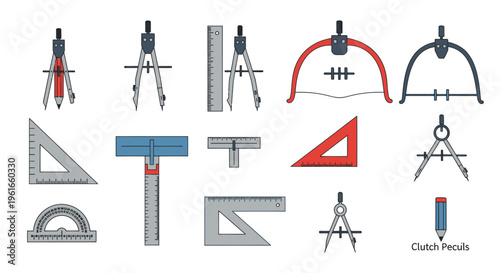 Geometry Tools Set: Compasses, Rulers, Set Squares, Protractor, T-Square