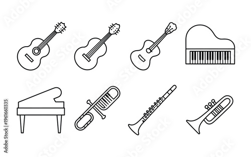 A collection of simple black and white line art icons representing various musical instruments set