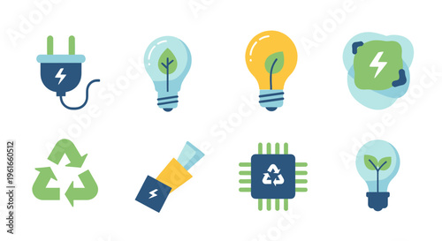 Eco Energy Icons: Lightbulb, Plug, Recycle, Chip, Leaf - Green Technology Concepts