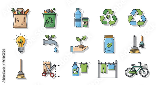 Eco-friendly living icons: recycling, sustainability, nature, and green lifestyle set