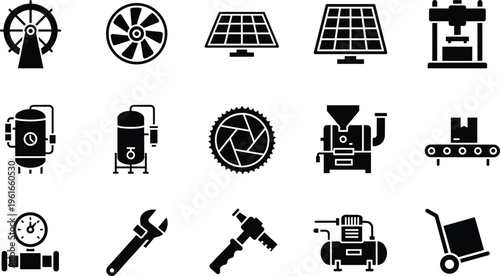 Industrial machinery and mechanical equipment icons set featuring CNC machine, conveyor belt, compressor, solar panels, tools, and gauges for manufacturing, engineering, and factory design