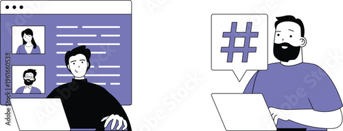 A man engaging in video call while another shares hashtags for social media promotion and discussion