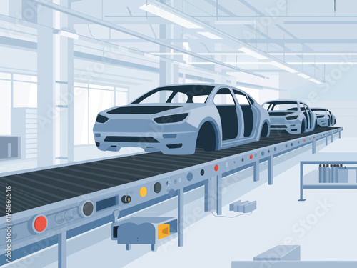 A view of an automated automotive assembly line showcasing cars moving along a conveyor belt system