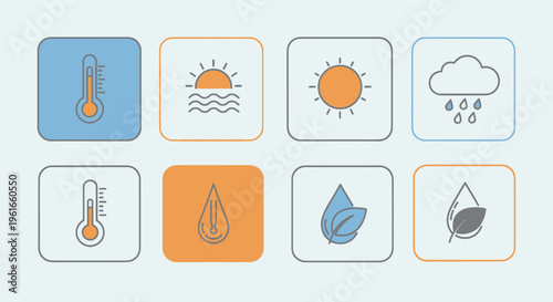 Weather Icons: Thermometer, Sun, Sunrise, Rain, Water Droplet, Leafy Plant