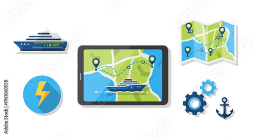 Digital Navigation and Cruise Ship Icons: Map, Tablet, Ship, Anchor, Gears, Energy