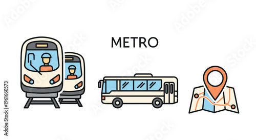 Public transport icons: metro train, bus, and map with location pin
