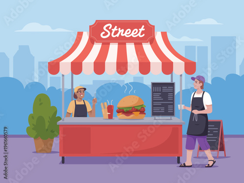 A flat illustration of a cheerful street food vendor stand serving a burger and drink to a client