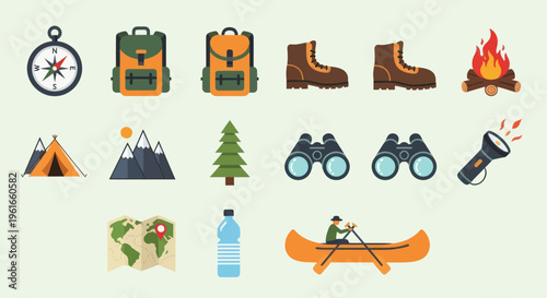 Camping and Hiking Icons: Backpack, Boots, Bonfire, Tent, Map, Canoe, Compass