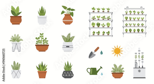 Indoor Gardening Elements: Potted Plants, Vertical Farms, Tools, and Sun Icon