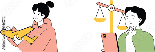 Two individuals comparing a paper document and a digital tablet with a balancing scale symbolizing fairness or evaluation