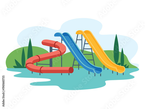 A colorful vector illustration of three diverse water park slides set in a sunny outdoor landscape