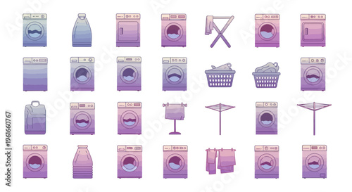 Pixel Art Laundry Icons: Washers, Dryers, Baskets, and Drying Racks