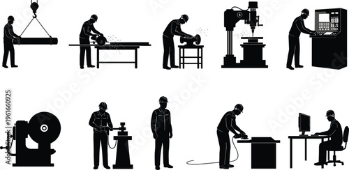 Industrial manufacturing silhouettes showing factory workers operating CNC machines, lathes, grinders, drilling 