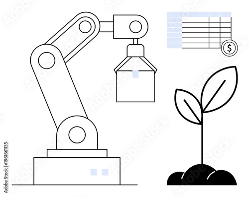 Smart farming, agritech, innovation, financial analysis, robotic systems, sustainable practices. Robotic arm and financial chart with growing plant. Smart farming and agritech concepts