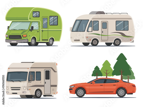 A collection of various recreational vehicles and a modern sedan car for travel and road trips
