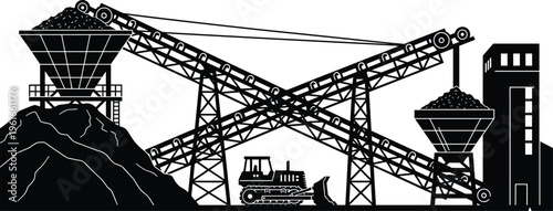 Industrial mining quarry operation with conveyor belts transporting coal and ore, bulldozer handling raw materials, 