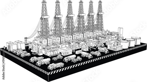 Industrial oil drilling site with multiple rigs, tanker trucks, storage tanks, and heavy equipment showcasing large-scale petroleum extraction infrastructure and logistics operations