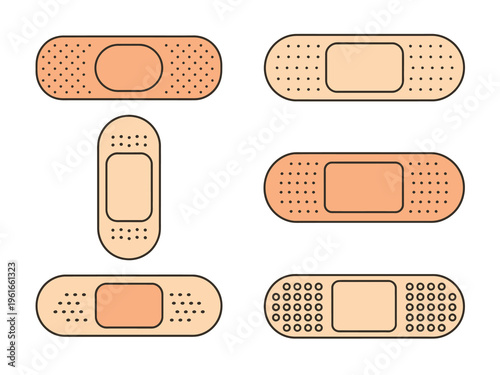 A collection of various adhesive bandage designs displayed in a clean and simple vector illustration