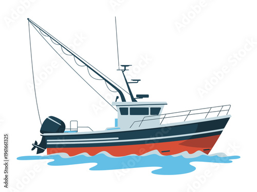 A detailed illustration of a professional fishing boat floating on calm blue ocean water waves