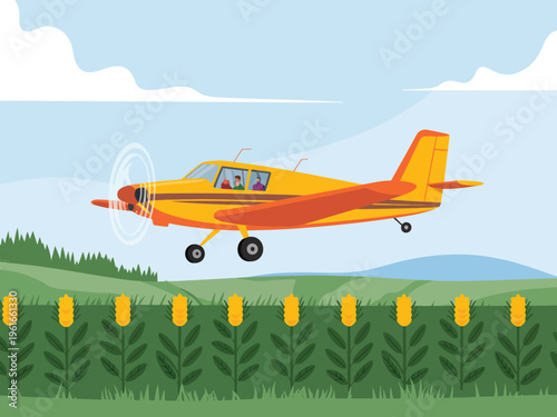 A yellow agricultural airplane flying over a green field of corn on a bright and sunny summer day