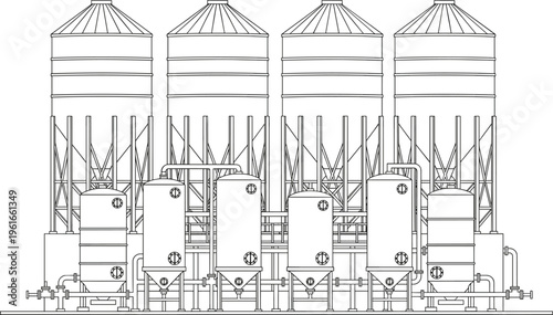 Industrial processing plant illustration with silos, tanks, piping system and structural framework, detailed technical 