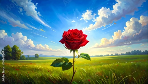 A vibrant red rose stands alone in a lush green field