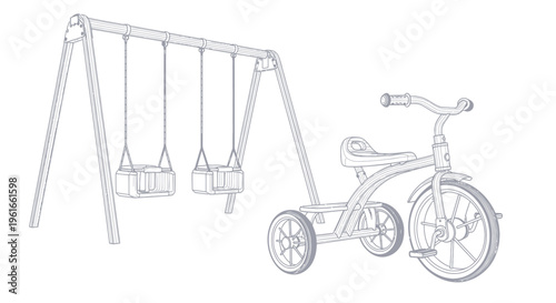 Children's Playground Swing Set and Tricycle Line Art Illustration