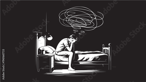 Man Sitting on Bed with Thoughtful Expression in Dark Room For Mental Health Concepts