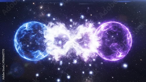 Quantum entanglement visualization: two glowing particles connected by a luminous thread in deep space