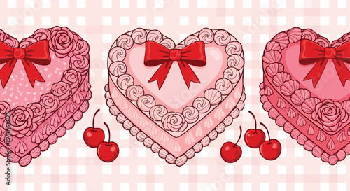 Heart-shaped cakes. Pink dessert illustration. Cute seamless border. Sweet pastry pattern.