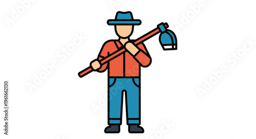 Vector flat illustration of a hardworking farmer carrying a hoe, symbolizing agricultural labor, gardening, and a sustainable rural lifestyle