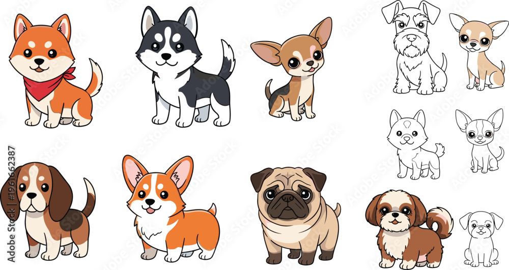 Obraz premium Cartoon Dog Set Featuring Breeds, Poses, and Silhouettes for Pet Lovers and Animal Illustrations