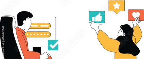 Two people engaging with digital feedback and login interface on separate devices in modern setting