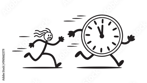 Stick figure person running from clock with hands and legs on white background for time management concepts