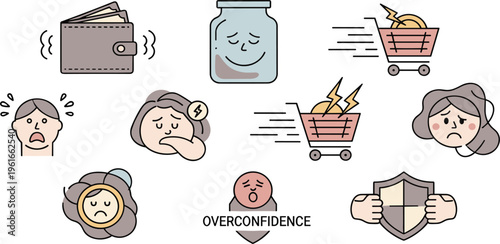 Illustrations of Overconfidence, Financial Stress, and Emotional Struggles Featuring Wallet, Shopping, and Anxiety Icons